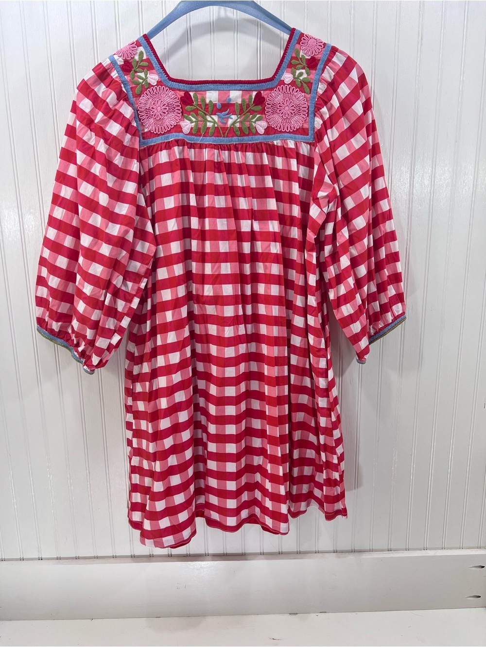 Mi Golondrina Red Pink and White Gingham Embroidered Peasant Short Dress XL - Picture 2 of 7